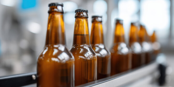 Brown bottles on conveyor belt in brewery production line