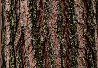 Obraz premium Detailed close-up of rough pine tree bark texture with natural green moss highlights.