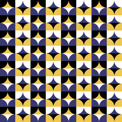 Seamless geometric circle pattern with optical illusion effect. Blue, yellow and black curved shapes create rhythmic movement and visual vibration. Abstract repeating background.