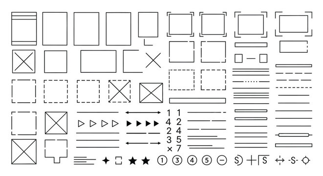 Wireframe UI Elements Set with Buttons, Frames, Text Boxes and Interface Components