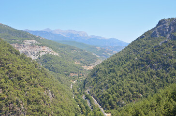 Scenic Mountain Valley with Winding Road and Lush Forests copy space