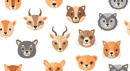 Fototapeta premium A charming, repeating pattern of adorable cartoon animal faces on a white background