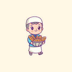 A Cute Boy Muslim Holding Basket of Bread