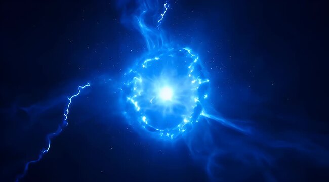 Dynamic blue energy orb with lightning and cosmic particle effects in deep space