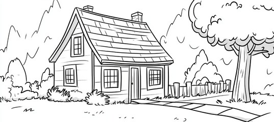 Obraz premium Monochrome Line Art of a Cozy Cottage Surrounded by Lush Forest and Scenic Nature Landscape