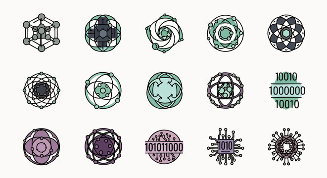 Collection of abstract geometric and technological vector icons. Modern symbols representing data, science, spirituality, and digital concepts for design projects.