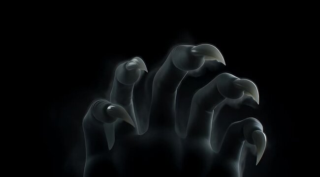 Creepy claw reaching out of the darkness with sharp white nails