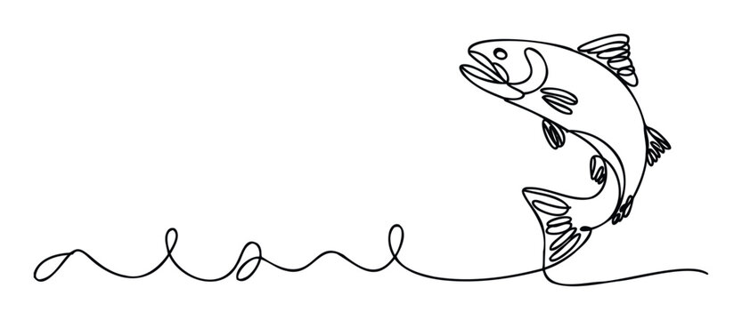 Dynamic single line drawing of a powerful jumping salmon capturing the essence of fishing and wild nature suitable for branding logos or outdoor adventure apparel designs