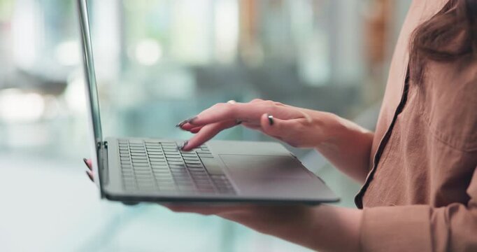 Woman, hands and research in office with laptop, planning and SEO trend for email marketing campaign. Person, computer and browse in workplace for newsletter advertising, online and digital branding.