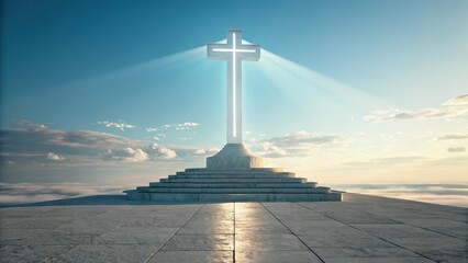 Illuminated Christian cross monument against a serene sky