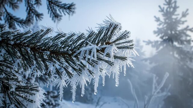 Intricate ice crystals coat a frost-covered pine branch