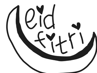 Fototapeta premium Minimalist hand-drawn Eid Fitri lettering with a crescent moon and cute heart accents. Simple black and white vector illustration for Islamic holidays.