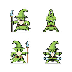 Cartoon wizard characters in various poses with magical elements