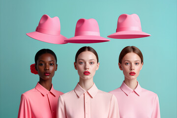 Three fashion models in pink shirts pose against a teal background, with three floating pink hats aligned above their heads in a surreal studio composition.