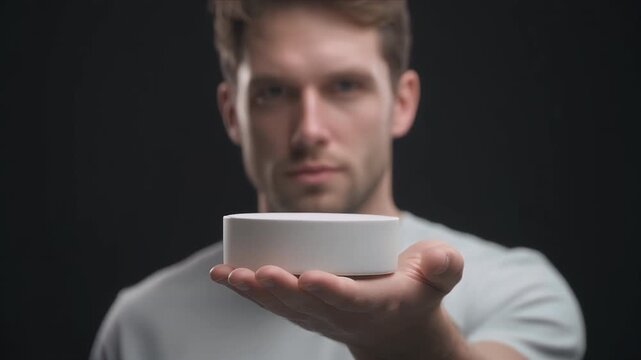 A focused man presents a floating product in his hand, set against dark tones, symbolizing innovation, trust, and modern product presentation for business and technology.