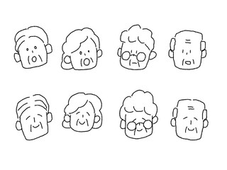 中年、高齢男女の表情セット、顔　B、線画