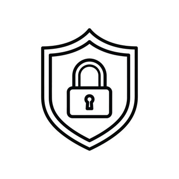 Shield with Padlock Security and Privacy Protection Icon in Black and White Line Style