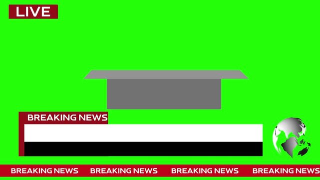 Empty news studio with green screen and desk. Modern futuristic news desk. Modern news live streaming TV broadcast backdrop. Looping 4K video animation.