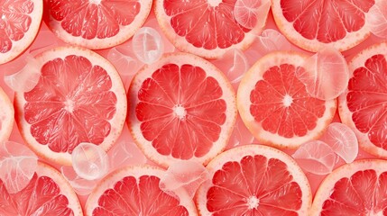Close up citrus texture of pink grapefruit slices placed on ice cubes, creating a clean and refreshing background for drink and wellness themes.