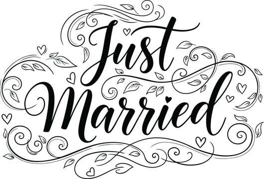 Just married script lettering with dense floral swirls and hearts