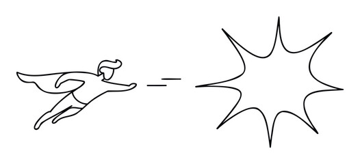 Obraz premium Line drawing depicting a superhero flying towards an explosive symbol, representing power, achievement, and problemsolving, perfect for business concepts or motivational graphics.
