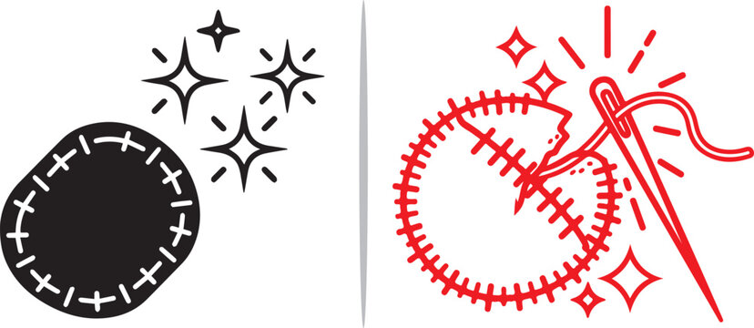 Two circular vector icons&mdash;one black and one red&mdash;featuring needle and thread stitching patterns with sparkling star accents, representing craft, repair, and creative tailoring.