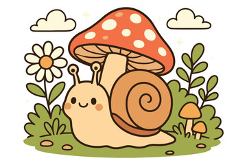A cheerful snail exploring a whimsical mushroom garden under a soft sky © mdalhazsarkar