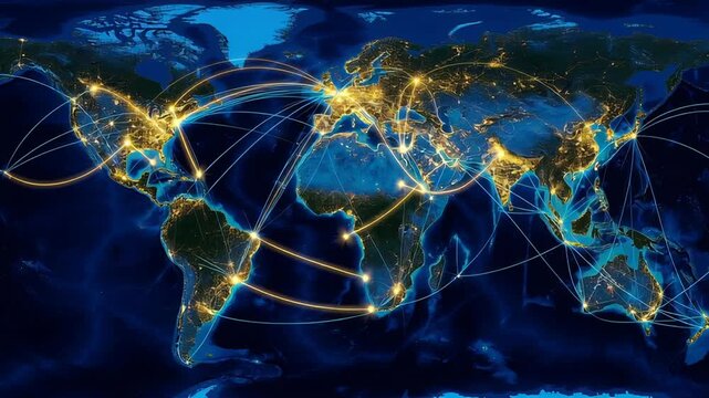 Global digital technology connects world market with rising energy demand and crude oil consumption impacting economy production industry sectors across complex network