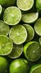 Vibrant green lime halves and slices captured in macro, showcasing juicy citrus structure and refreshing natural color.