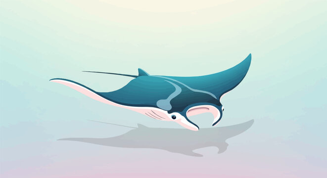 A blue and white manta ray swims gracefully in a pastel-colored ocean