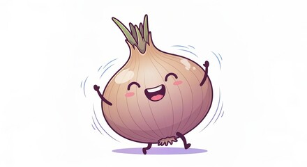 Playful Animated Onion Character Dancing Joyfully in a Simple and Colorful Background Design