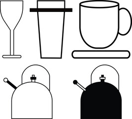 Vector illustration of a clean set of kitchen utensils and coffee cups featuring black icons for water bottles, glass containers, and beverage equipment