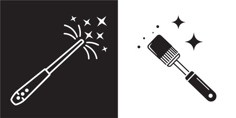 Two vector icons featuring a magic wand and a paintbrush, both emitting sparkles and stars to represent digital enhancement, creative editing, and artistic touch-ups. © Nur