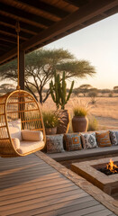 Obraz premium Outdoor living room with hanging chair and fire pit on a safari lodge terrace. African interior design. Relaxing vacation concept.