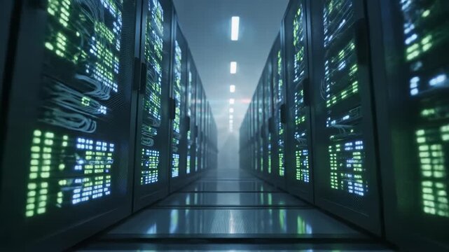 Rows of server racks with glowing blue and green lights in a dark, futuristic data center