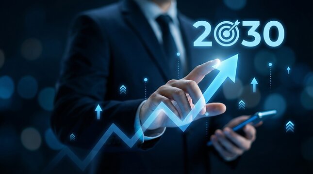 A businessman interacts with a dynamic virtual arrow graph pointing towards "2030," representing future business growth, strategic planning, and ambitious long-term goals.