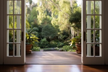 Fototapeta premium Open french doors leading to a wooden deck, serene garden, and natural environment
