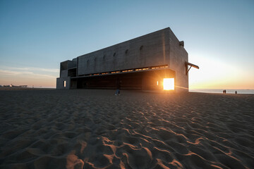 Panoramic View of Sunrise Through Coastal Library Building