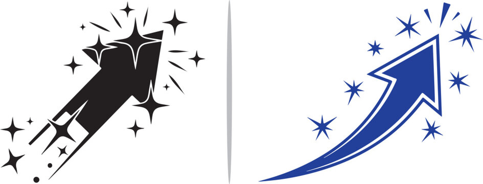 Two dynamic arrow icons, one solid black and one blue-outlined, soaring upward with sparkling trails and star bursts to represent growth, success, and magical progress.