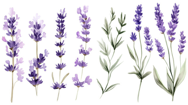 Watercolor lavender stems in varying arrangements against white background, delicate purple blooms and green leaves, botanical illustration set