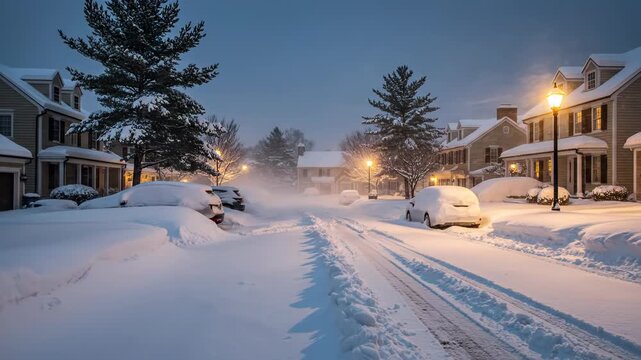 Snowy street at dusk obscured by blowing snow with illuminated lamps