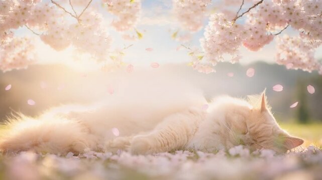桜の下で猫が昼寝する癒しの春背景動画