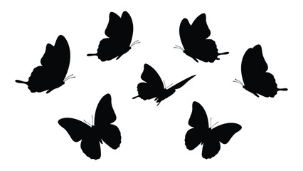 Fototapeta premium A group of seven black butterfly silhouettes arranged in a circular pattern. isolated on white background, Vector