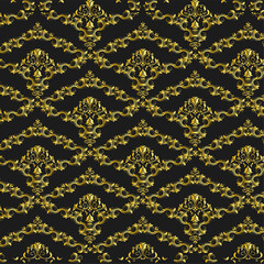 Fototapeta premium Elegant seamless pattern featuring stylized golden floral and swirling vine motifs against a deep black background creating a luxurious and decorative wallpaper texture for textile design.