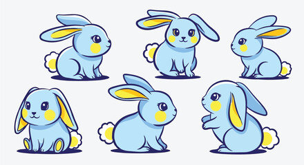 Obraz premium Cute blue bunny mascot vector character set in various playful poses