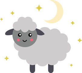 Obraz premium Cute cartoon sheep with stars and moon isolated on transparent background, Vector, illustration