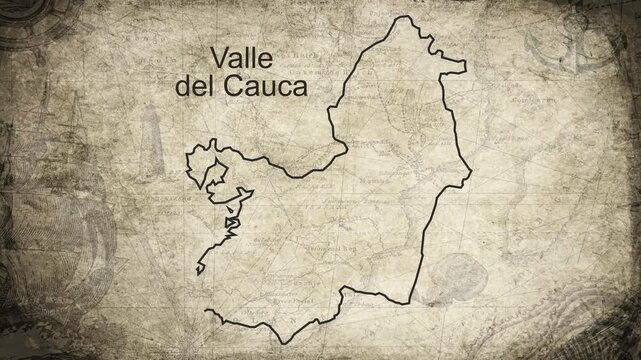 Valle del Cauca Columbia map drawn on a cartography background sheet of paper