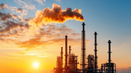 Industrial plant at dawn. Silhouette of an industrial at sunset with smoke from the chimneys. 