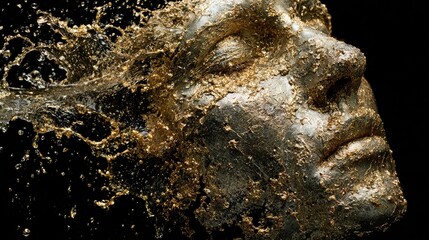 Surreal metallic gold human face splashing and disintegrating into liquid drops 3d illustration representing psychology and emotion