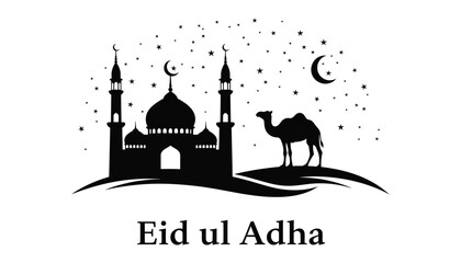 Eid ulu Adah greeting with mosque and camel silhouette